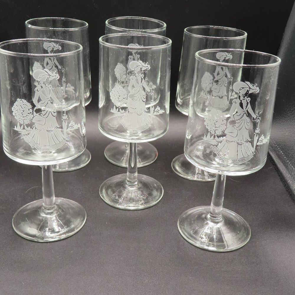 Set of 6, 70's Avon First Lady Mrs Albee Etched Footed Stem Wine Glass Goblet